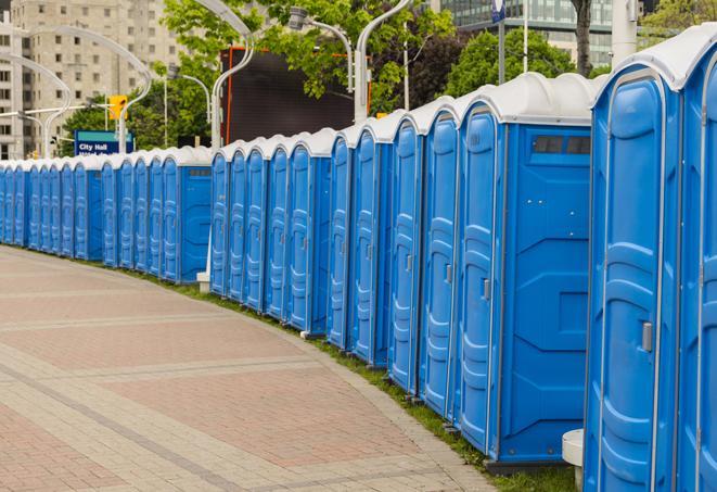 portable restrooms with sink and hand sanitizer stations, available at a festival in Burlingame